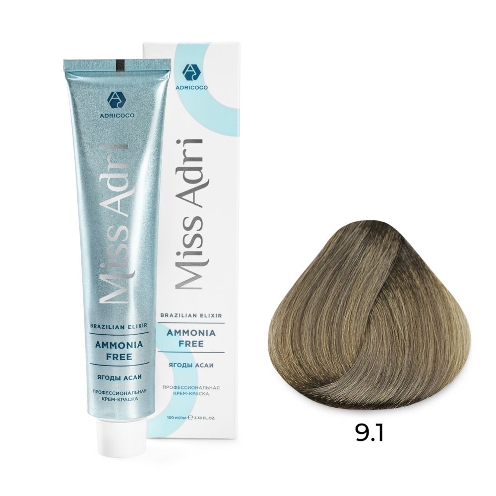 ADRICOCO, К/к д/ волос Miss Adri Brazilian Elixir 9.1 оч.св.блонд пепел.100 мл, арт.1001464 